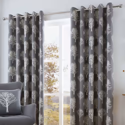 Fusion - Woodland Trees - 100% Cotton Ready Made Lined Eyelet Curtains - 90" Width x 90" Drop (229 x 229cm) in Charcoal Grey
