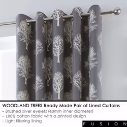 Fusion - Woodland Trees - 100% Cotton Ready Made Lined Eyelet Curtains - 90" Width x 90" Drop (229 x 229cm) in Charcoal Grey