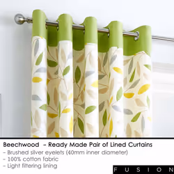 Fusion - Beechwood - 100% Cotton Ready Made Lined Eyelet Curtains - 66" Width x 90" Drop (168 x 229cm), Green