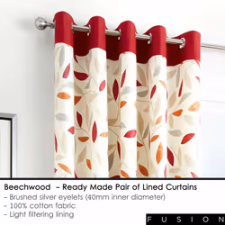 Fusion Beechwood Leaf Trail 100% Cotton Eyelet Lined Curtains, Red, 66 x 90 Inch