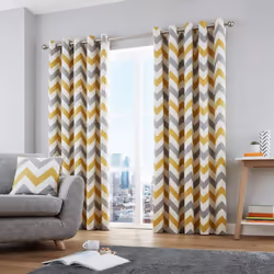 Fusion - Chevron - 100% Cotton Ready-Made Pair of Eyelet Curtains - 90" Width x 72" Drop (229 x 183cm) in Ochre