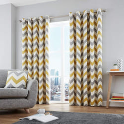 Fusion - Chevron - 100% Cotton Ready-Made Pair of Eyelet Curtains - 90" Width x 72" Drop (229 x 183cm) in Ochre