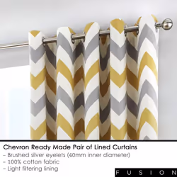 Fusion - Chevron - 100% Cotton Ready-Made Pair of Eyelet Curtains - 90" Width x 72" Drop (229 x 183cm) in Ochre