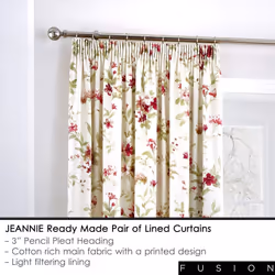 Fusion - Jeannie - 100% Cotton Ready Made Pair of Pencil Pleat Curtains - 46' Width x 54' Drop (117 x 137cm) in Red