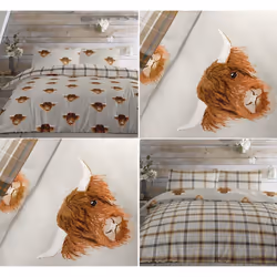 Highland Cow Duvet Cover Tartan Check Reversible Quilt Cover Bedding Set Ochre