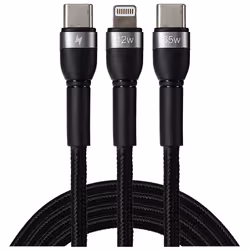 This extremely versatile Maplin USB-C to 2-in-1 Multi-Charging USB-C 65W & Lightning Braided Cable allows you to con ...