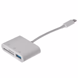 This Maplin Camera Download Adapter Lightning Connector to USB-A 3.0 + SD/ MicroSD Card Reader + Lightning Charge Port ...