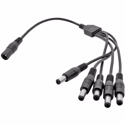 Run up to 5 DC powered CCTV cameras from a single PSU. This Maplin 5 Way Power Splitter Cable DC 1x Female 5x Male 5.5 x 2.1m ...