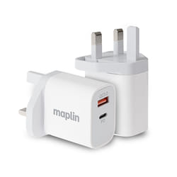 Maplin 2 Port USB Wall Charger 1x USB-A 1x USB-C PD QC 3.0 35W High Sp