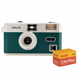 Perfect for travel. the Kodak Ultra F9 Film Camera has a fixed focus lens. manual film winding and rewinding and a switch to ...