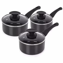 Tower T81507 Essentials Pot Set 16, 18 and 20 cm, Ceramic Coating and Glass Lids, 3 Piece, Black