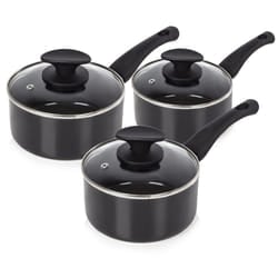 Tower T81507 Essentials Pot Set 16, 18 and 20 cm, Ceramic Coating and Glass Lids, 3 Piece, Black
