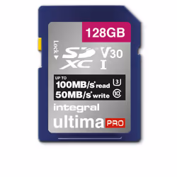 Integral 128GB SD CARD SDXC UHS-1 U3 CL10 V30 UP TO 100MBS READ 70MBS WRITE, 128 GB, SD, UHS-I, 100 MB/s, 70 MB/s, Class 3 (U ...