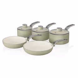Swan Green Retro Non-Stick 5pce Pan Set, 3 Saucepans 16/18/20cm, 2 Frying Pans 20/28cm with Tempered Glass Lids & Compatible ...