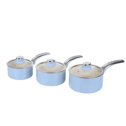 Swan Blue Retro 3pce Saucepan Set 16cm/18cm/20cm with Glass Lids, Non-Stick & Compatible with Induction Hobs