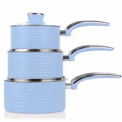 Swan Blue Retro 3pce Saucepan Set 16cm/18cm/20cm with Glass Lids, Non-Stick & Compatible with Induction Hobs