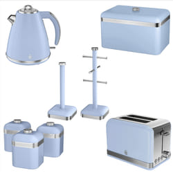 Swan Retro Blue 8pc Kitchen Kettle 2 Slice Toaster Bread Bin Canisters