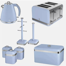 Swan Retro Blue Kettle, 4 Slice Toaster, Bread Bin Canisters Pole Set