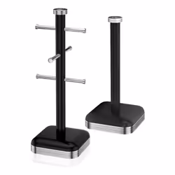Swan Retro Mug Tree Holder & Towel Pole Kitchen Roll Holder Kitchen Storage Set - Black