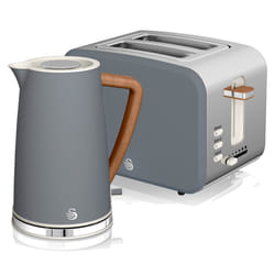 Swan Nordic Cotton White Kitchen Set with 1.7L 3Kw Kettle & 2 Slice Toaster, Wood Effect and Soft Touch Matte Finish, Stainless Steel, STP2090W - Grey