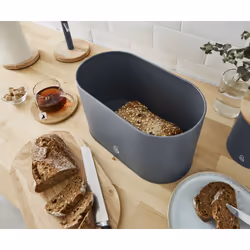 Swan Bread Bin with Wooden Lid, Oval, Grey, Steel, Grey, Bamboo, 355 mm