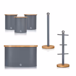 Swan Nordic Set Mug Tree, Towel Pole, Bread Bin & 3 Canisters - Grey