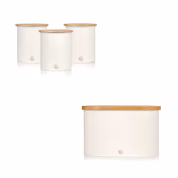 Swan Nordic Bread Bin with Bamboo Chopping Board Lid & Set of 3 Kitchen Storage Canisters for Tea/Coffee/Sugar or Perishables ...