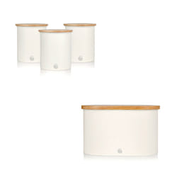 Swan Nordic Bread Bin with Bamboo Chopping Board Lid & Set of 3 Kitchen Storage Canisters for Tea/Coffee/Sugar or Perishables - White