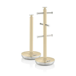 Swan Retro Towel Pole and Mug Tree Set 6 Mug Capacity Non-Slip Bases Kitchen Storage Easy Clean - Cream