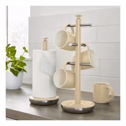 Swan Retro Towel Pole and Mug Tree Set 6 Mug Capacity Non-Slip Bases Kitchen Storage Easy Clean - Cream