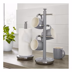 Swan Retro Towel Pole and Mug Tree Set 6 Mug Capacity Non-Slip Bases Kitchen Storage Easy Clean - Grey