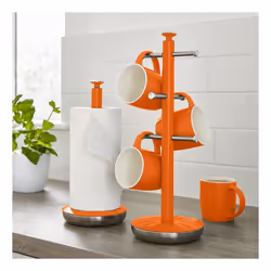 Swan Retro Towel Pole and Mug Tree Set 6 Mug Capacity Non-Slip Bases Kitchen Storage Easy Clean - Orange
