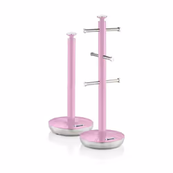 Swan Retro Towel Pole and Mug Tree Set 6 Mug Capacity Non-Slip Bases Kitchen Storage Easy Clean - Pink