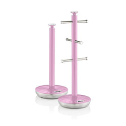 Swan Retro Towel Pole and Mug Tree Set 6 Mug Capacity Non-Slip Bases Kitchen Storage Easy Clean - Pink
