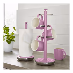 Swan Retro Towel Pole and Mug Tree Set 6 Mug Capacity Non-Slip Bases Kitchen Storage Easy Clean - Pink
