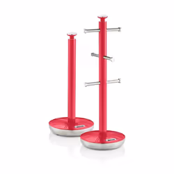 Swan Retro Towel Pole and Mug Tree Set 6 Mug Capacity Non-Slip Bases Kitchen Storage Easy Clean - Red