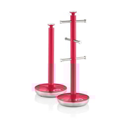 Swan Retro Towel Pole and Mug Tree Set 6 Mug Capacity Non-Slip Bases Kitchen Storage Easy Clean - Red