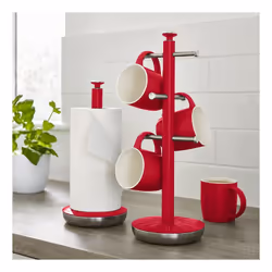 Swan Retro Towel Pole and Mug Tree Set 6 Mug Capacity Non-Slip Bases Kitchen Storage Easy Clean - Red