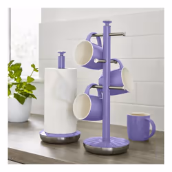 Swan Retro Towel Pole and Mug Tree Set 6 Mug Capacity Non-Slip Bases Kitchen Storage Easy Clean - Purple