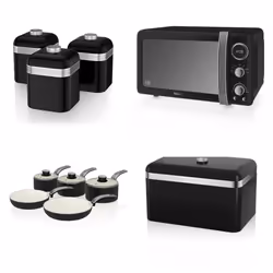 Swan Retro 3pce Induction Saucepan Set 16cm/18cm/20cm, 2pce Frying Pan Set 20cm/28cm, 800W 20L Digital Microwave, Bread Bin & ...