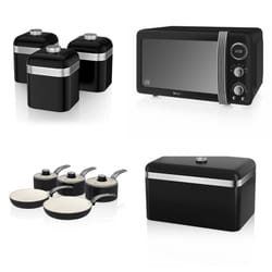 Swan Retro 3pce Induction Saucepan Set 16cm/18cm/20cm, 2pce Frying Pan Set 20cm/28cm, 800W 20L Digital Microwave, Bread Bin & Set 3 Storage Ca - Black