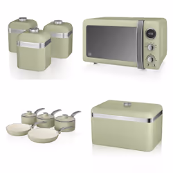 Swan Retro 3pce Induction Saucepan Set 16cm/18cm/20cm, 2pce Frying Pan Set 20cm/28cm, 800W 20L Digital Microwave, Bread Bin & ...