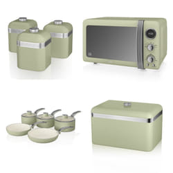 Swan Retro 3pce Induction Saucepan Set 16cm/18cm/20cm, 2pce Frying Pan Set 20cm/28cm, 800W 20L Digital Microwave, Bread Bin & Set 3 Storage Ca - Green