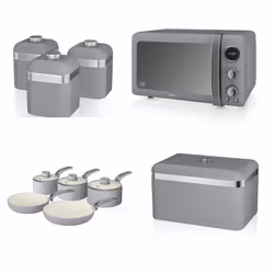 Swan Retro 3pce Induction Saucepan Set 16cm/18cm/20cm, 2pce Frying Pan Set 20cm/28cm, 800W 20L Digital Microwave, Bread Bin & ...
