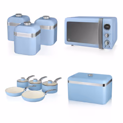 Swan Retro 3pce Induction Saucepan Set 16cm/18cm/20cm, 2pce Frying Pan Set 20cm/28cm, 800W 20L Digital Microwave, Bread Bin & ...