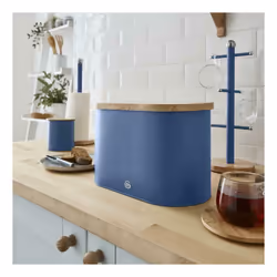 Swan Nordic Bread Bin Bamboo Cutting Board Lid & 3 Storage Canisters Set Steel