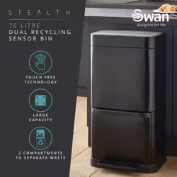 Swan Stealth Dual Recycling Sensor Bin, Retainer Ring, Iron Body, 70L, Black SWKA4501BLKN