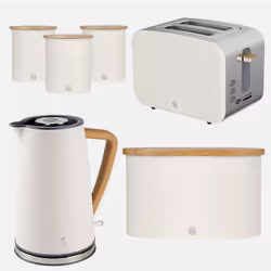 Swan Nordic Kettle, 2 Slice Toaster, Bread Bin & Canisters Set (White)