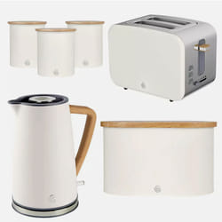 Swan Nordic Kettle, 2 Slice Toaster, Bread Bin & Canisters Set (White)