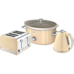 SWAN Retro Cream Kettle 4 Slice Toaster & 3.5L Slow Cooker Set